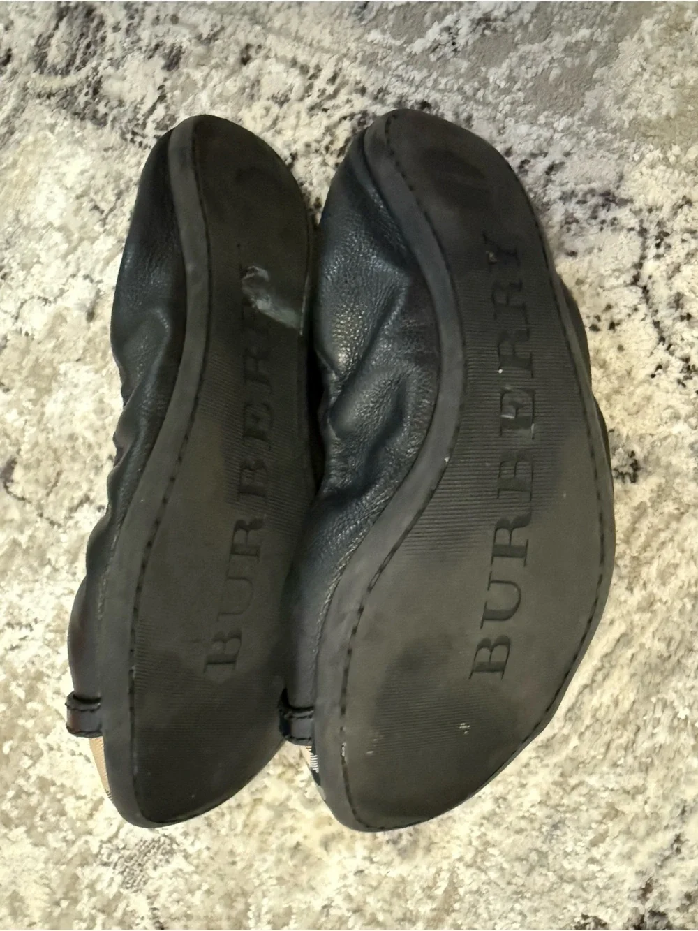 Black Leather Flats with Check Toe and Gold Accent